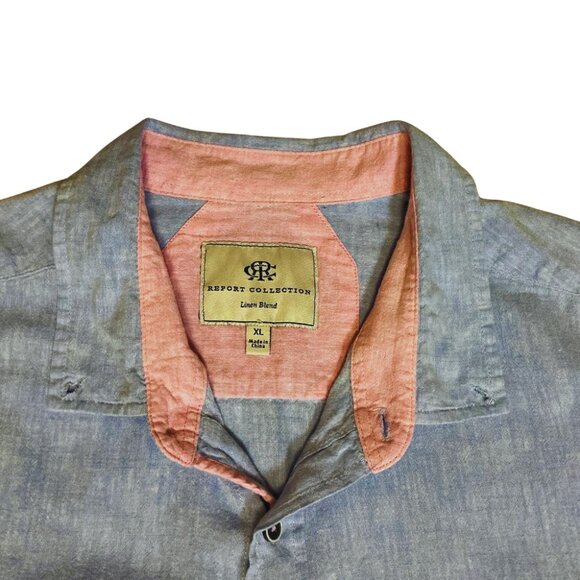 Report Collection Men's Shirt XL Linen Blend Button Down Short Sleeves Pink Trim - Picture 4 of 9
